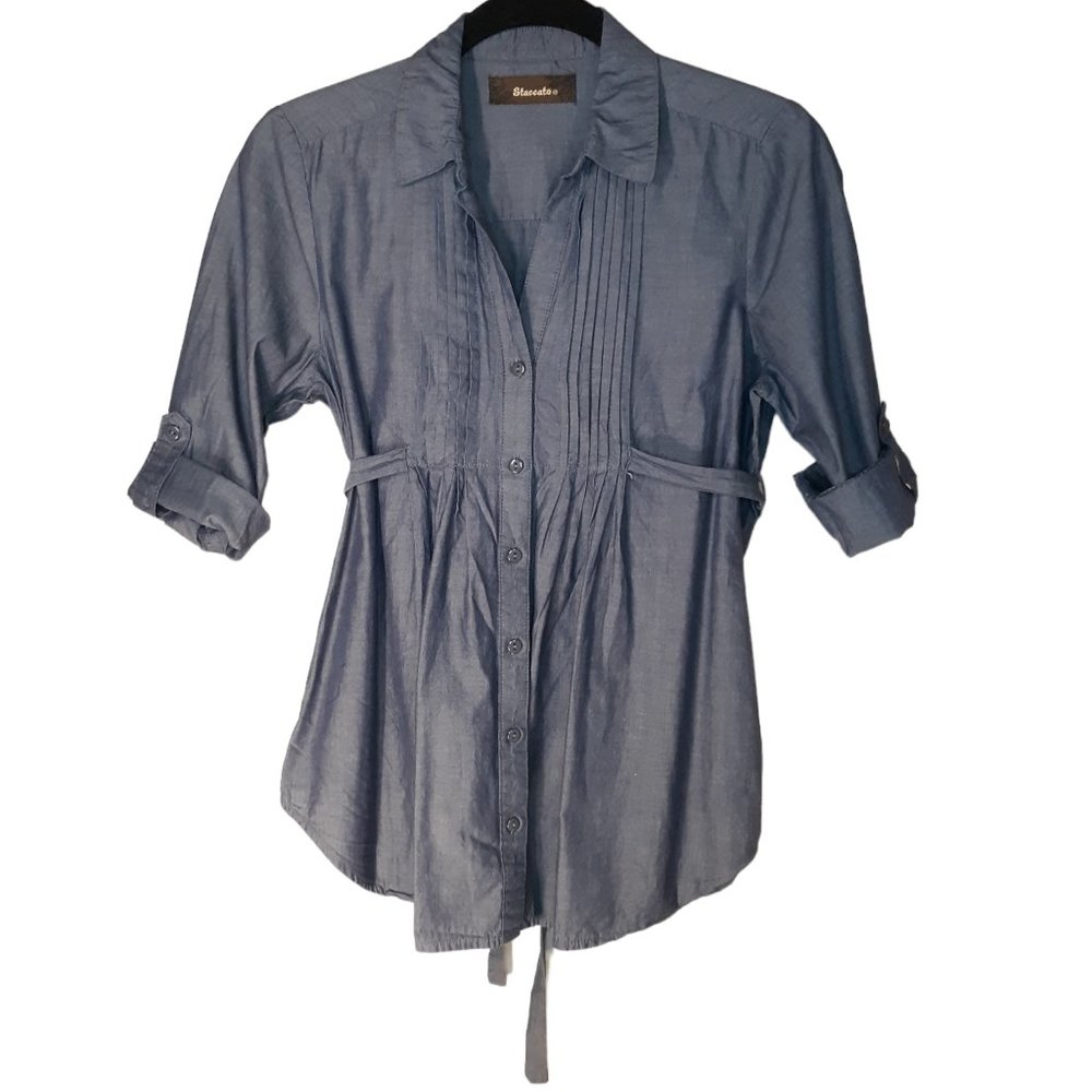 Chambray Belted Button Front Top - image 3